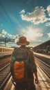 Backpacker is walking on train tracks at a train station Royalty Free Stock Photo