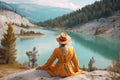 Backpacker woman with backpack enjoying the turquoise mountain lake. AI Generative