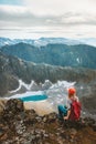 Backpacker woman enjoying view of mountain lake in Norway hiking outdoor
