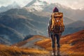 Backpacker Woman in Mountain Landscape. Generative AI