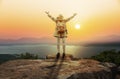 Backpacker woman open hand in mountain Royalty Free Stock Photo