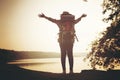 Backpacker woman open hand Royalty Free Stock Photo