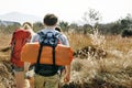 Backpackers on an adventure in the forest