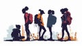 Backpackers with backpacks. Group of young people walking. illustration. Generative AI