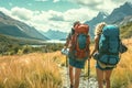 Backpackers exploring remote and untouched natural settings. They walk across the river.