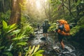 Backpackers exploring remote and untouched natural settings. They walk across the river.