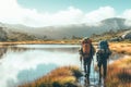 Backpackers exploring remote and untouched natural settings. They walk across the river.