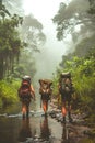 Backpackers exploring remote and untouched natural settings. They walk across the river.