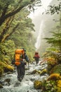 Backpackers exploring remote and untouched natural settings. They walk across the river.