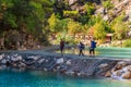 Backpackers on hike in Goynuk Canyon at Lycian Way, Turkey