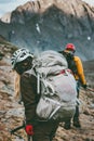 Backpackers hiking in mountains Travel healthy lifestyle Royalty Free Stock Photo