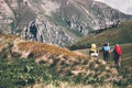 Backpackers hiking in mountains Royalty Free Stock Photo