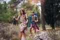 Backpackers hiking on the path in mountains Royalty Free Stock Photo