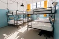 Backpackers hostel with modern bunk beds in dorm room for twelve people