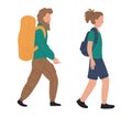 Backpackers woman and man at airport, vector illustration. People characters with luggage in airport. Passengers with