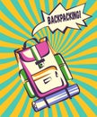 Backpacking retro illustration. Backpack with comic speech explosion and vintage colorful rays in modern pop art style. Vector