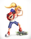 Backpacking tourist. Girl with backpack, vector icon