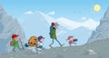 Backpacking tourist kids go through the mountains cartoon