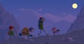 Backpacking tourist kids go through the mountains at night cartoon