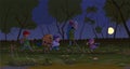 Backpacking tourist kids go through the steppe at night cartoon