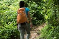 Backpacking woman hiking on trail