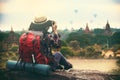 Backpacking woman traveller and photographing in Bagan Mandalay Royalty Free Stock Photo