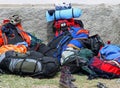 Backpacks and boots piled up after the walk of the boyscout 1