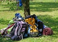 Backpacks of Boy Scouts around the tree during an excursion Royalty Free Stock Photo