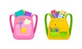 Backpacks full of stationery objects set. School bags with paints, scissors, pencil case, notebooks. Back to school Royalty Free Stock Photo