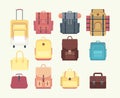 Backpacks for hiking, tourism. Suitcases, bags and backpacks. Flat icons. Set of colorful backpacks.