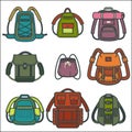 Backpacks or rucksack vector isolated icons for travel, fashion and school bags