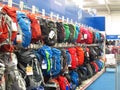 Backpacks or rucksacks on sale in a store.