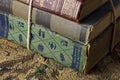 BACKS OF OLD BOOKS BOUND WITH WHITE ROPE Royalty Free Stock Photo
