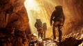 With backs to the camera a team of cavers carefully navigates through narrow crevices and steep dropoffs in the Royalty Free Stock Photo