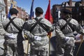 Backs of US Military Honor Guard at ease, St. Patrick's Day Parade, 2014, South Boston, Massachusetts, USA