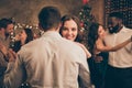 Backside close up photo of lovely lady dancing with her sweetheart on christmas night x-mas party meeting with her