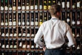 Backside of elegant wine seller selecting wine for customers in wine shop Royalty Free Stock Photo