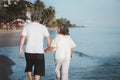 Backside of romantic Asian senior couple hand in hand while walking on summer beach sunset. Travel leisure and activity after Royalty Free Stock Photo