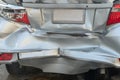 Backside silver car get damaged by crash accident on the road