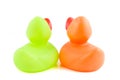 Backside of two colorful rubber ducks Royalty Free Stock Photo