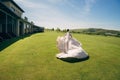 Backside view, bride runs in white wedding dress with veil on green field