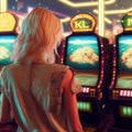 girl plays slot machines in casino