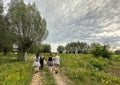 Happy group of friends on a hiking trip in Mazowsze in Poland Royalty Free Stock Photo