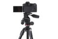 Backside view of modern multifunctional black camera on holder isolated Royalty Free Stock Photo