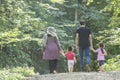 Backside of young family walking together outside in green nature