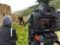 Backstage television interview in the medieval city of Chechnya.