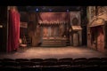 backstage view of empty theater stage with props