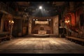 backstage view of empty theater stage and props