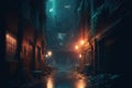 Backstreet of a future, dystopian urban city at night. notion of cyberpunk