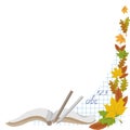 Back to school, autumn holiday, card with maple and oak leaves, book and pencils